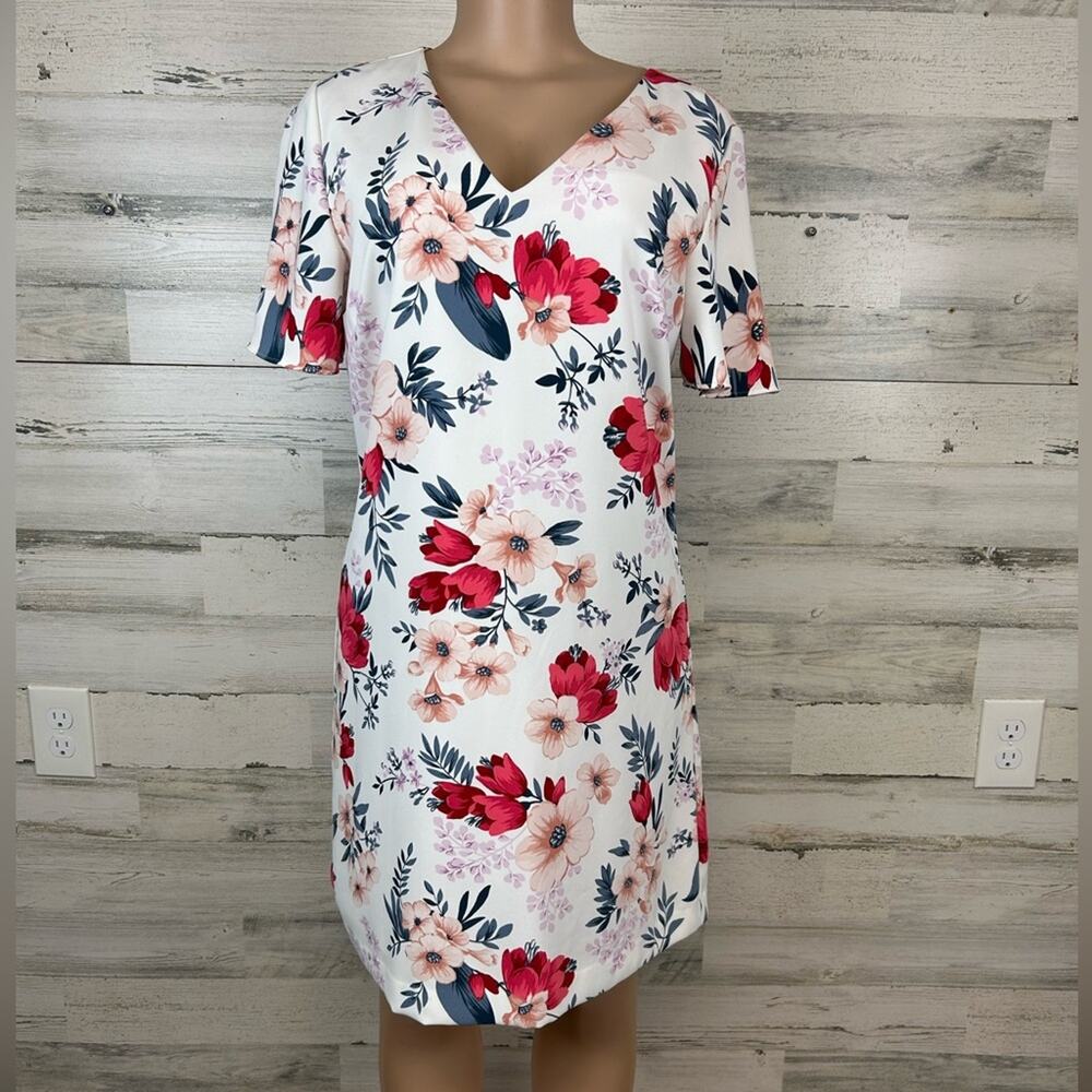Ann Taylor Floral Dress Flutter Sleeve Shift Knee Length Cottagecore Wedding